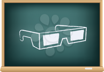 The cinema 3D glasses drawn on the blackboard on the white background