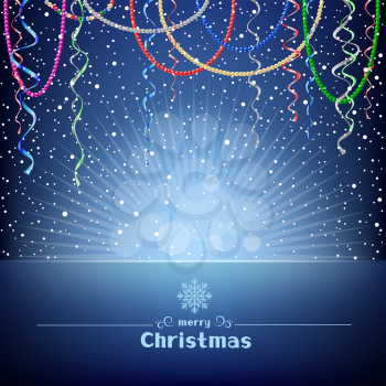 The Christmas blue mesh card with beads ribbons and light upward, winter holiday theme