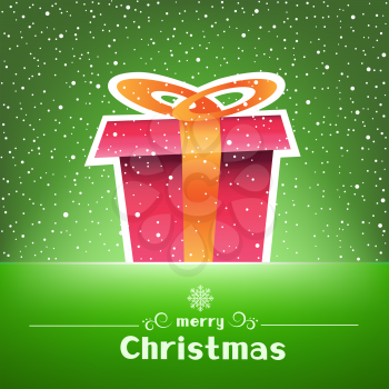 The Christmas card with gift and falling snow around on the green mesh background