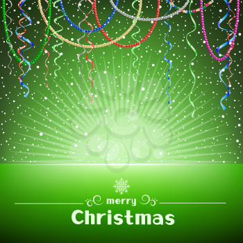 The Christmas card with ribbons light and snow around on the green mesh background