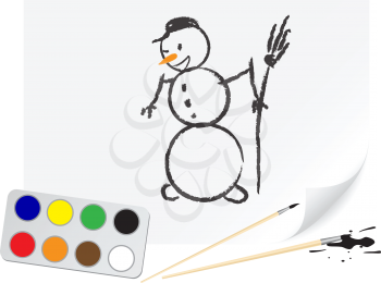 Children drawing of a snowball a brush paints on a paper