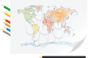 Drawing world map by a color pencils on the white paper
