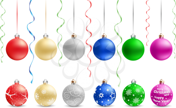 The multicolored christmas bauble and ribbons isolated on the white background