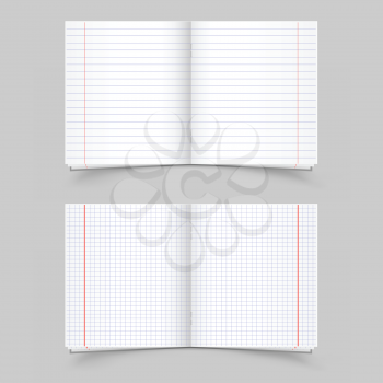 The two open school notebooks in the strip and in the cage on the gray background