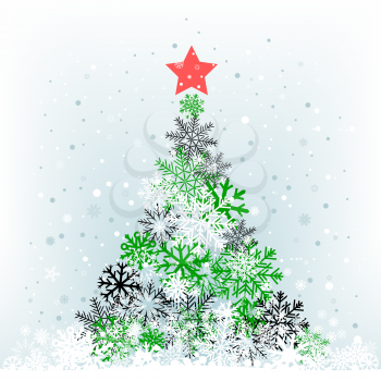 The color snow feer-tree with red star on the cerulean mesh background