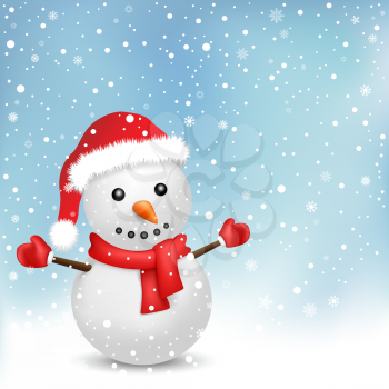 The snowman with red scarf and red hat on the snowfall background