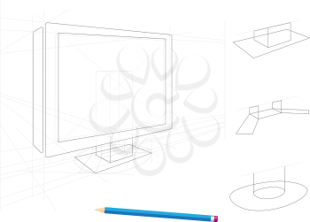 Sketch of tv and holders drawn by a pencil isolated on white