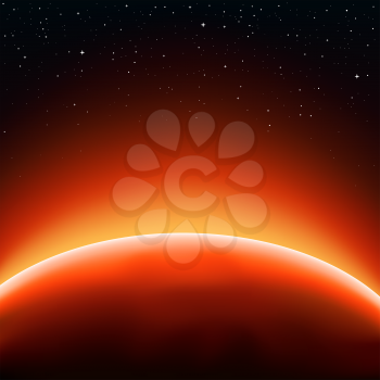 Red sun horizon concept. Stars and space on background