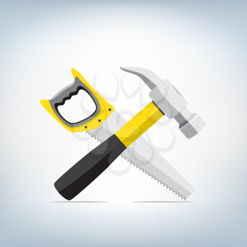 The hammer and a saw icon on light mesh background, work symbol