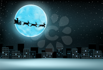The Santa Claus with reindeer flying over night city, large moon with craters and stars on background