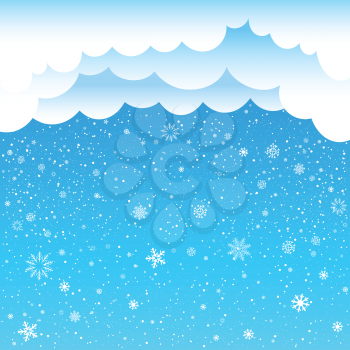 The cartoon clouds and snow falls on blue background. Winter time. Christmas and New Year eve