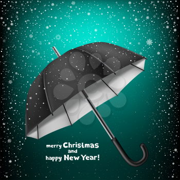 Winter dark azure background with snow and opened umbrella. Lettering merry Christmas and happy New Year