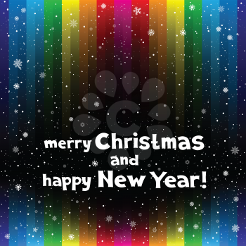 The holiday rainbow striped multicolored dark backdrop with snow. Lettering Marry Christmas and Happy New Year