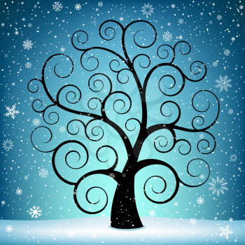 The Christmas tree on winter blue background with snow