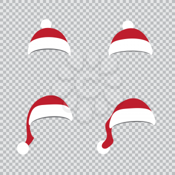 Different Santa red hats on transparent background. Christmas holiday