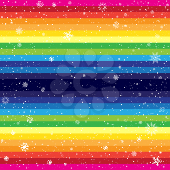 Rainbow horizontal striped snow background. Marry Christmas and Happy New Year multicolored backdrop