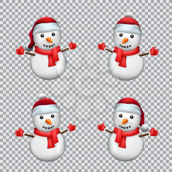 Snowman dressed in Santa red hat and scarf on transparent background. Christmas collection