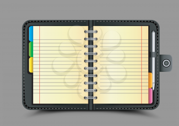 The open black organizer with shadow on gray background. Clear white sheets of paper. Writer template notepad