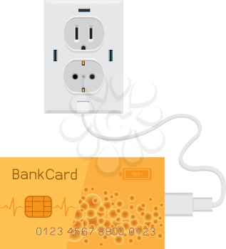 Bank golden card cash charging from usb outlet isolated on white background. Idea concept loading money