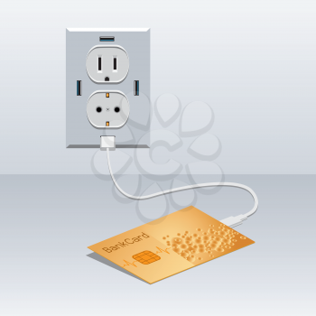 Bank golden card cash charging from usb outlet background. Idea concept loading money
