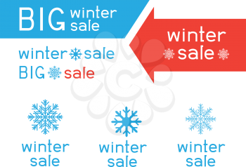 Winter sale logo set collection. Blue snow big snowflake sign symbol red and blue lettering. Arrows indicate the direction of sales