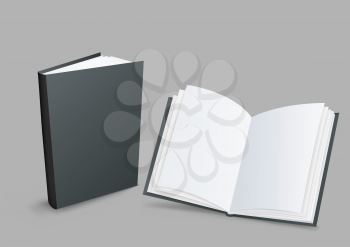 Standing closed and open black books with shadow on gray background. Empty cover template. Education literature symbol. Author writer show product