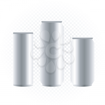 Big can of drink template set collection on white transparent background. Metal bottle show concept