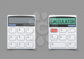 Turn on and off white calculator icon with shadow on gray background. Modern count tool