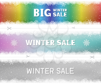 Winter sale snow pattern color template on box or shelf. Christmas snowy rainbow color gray winter template background. Frosty close-up wintry snowflakes. Ice shape pattern. Easy to edit backdrop