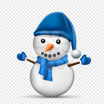 Christmas snowman with shadow on transparent background. Blue scarf, mitten and hat clothes dressed