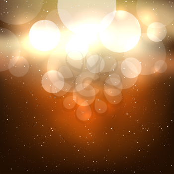 Glowing circle golden bokeh background. Falling small snow gold backdrop. Christmas decoration design template