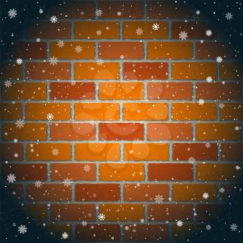 Christmas falling snow and dark red brick wall background. Festive winter holiday construction build backdrop