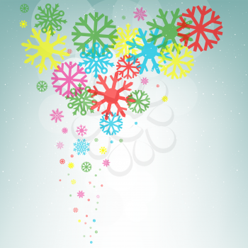 Glowing circle colorful rainbow bokeh snow background. Falling snowflakes multicolors backdrop. Christmas decoration design template
