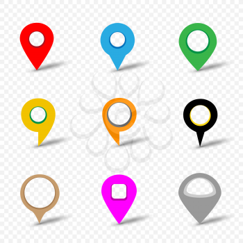 Map pin set with shadow on transparent background. Location multicolored pins collection. Navigation mark pointer sign