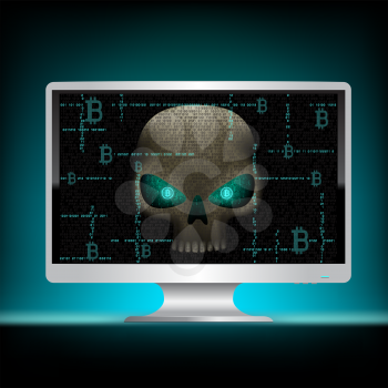 Crypto hacker skull with bitcoin eyes on the binary dark blue code white computer monitor. Cyber crime hacking illustration. Money security currency hack attack