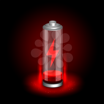 Discharged battery on black dark background. Glossy accumulator with red indicator color charge and symbol of lightning. Easy to edit width height thickness and charge
