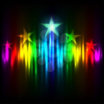 Rainbow Hollywood Stars rise up on colors light template background. Cinematography entertainment industry radiance vector illustration dark backdrop