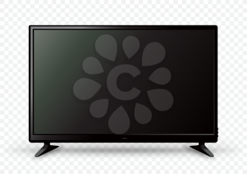 Big black TV icon template on two holders with shadow on white transparent background. Television LED display screen. Flat media technology eletronic equipment. LCD computer monitor