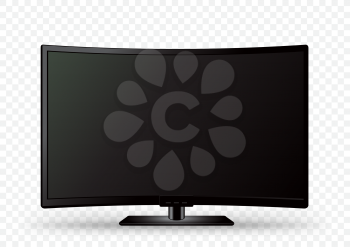 Curved black wall TV on holder with shadow on white transparent background. Television LED display screen. Flat media technology eletronic equipment. LCD computer monitor