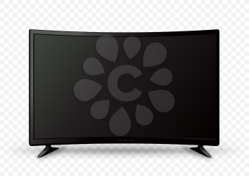 Big curved black wall TV on two holders with shadow on white transparent background. Television LED display screen. Flat media technology eletronic equipment. LCD computer monitor