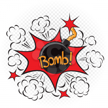 Bomb with fire cord wick. Explode cartoon illustration on transparent white background. Comic book explosion sign symbol