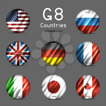 G8 USA Canada France Germany Italy Japan Russia Great Britain round flag icon set on gray background. Great 8 country circle banner backdrop