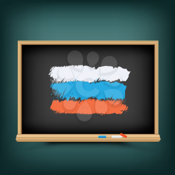 Russia national flag draw on school education blackboard. Great 8 country Russian standard banner backdrop. Learn language lesson
