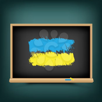 Ukraine national flag draw on school education blackboard. Ukrainian standard banner backdrop. Learn language lesson