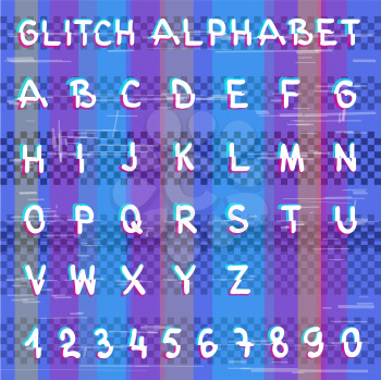 Glitch hacker alphabet design letter set template. Colorful distortion multicolor glitched design text font. Striped random anaglyph lines technology symbol collection
