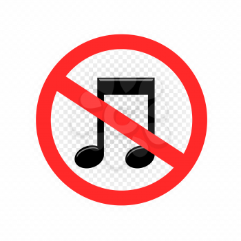 No sound sign symbol icon on white transparent background. Forbidden music be quiet. Round red label and line cross the musical notes