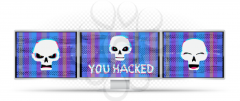 Funny and angry white hacker skull with you hacked text on glitch blue screen monitor device. Computer crime hacked attack illustration