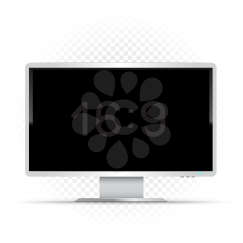 White 16 to 9 computer monitor on transparent background. Wide screen modern electronic device. Empty black pc desktop template