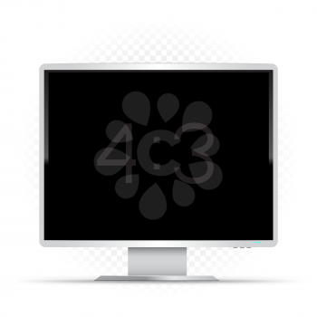 White 4 to 3 computer monitor on transparent background. Wide screen modern electronic device. Empty black pc desktop template