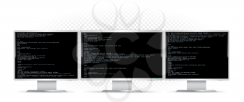Three computers monitors with code on transparent background. Triple monitor computer super wide screen device. PC desktop programming template